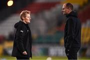 27 February 2024; Republic of Ireland head coach Eileen Gleeson, left, and assistant coach Colin Healy before the international women's friendly match between Republic of Ireland and Wales at Tallaght Stadium in Dublin. Photo by David Fitzgerald/Sportsfile