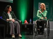 28 February 2024; Paralympics Ireland Chef de Mission Neasa Russell, left, and Paralympics Ireland president Eimear Breathnach speaking at The Helix in DCU, Dublin, for Paralympics Ireland's '6 Months to Go' event ahead of the Paralympic Games 2024 in Paris, France. Photo by Seb Daly/Sportsfile