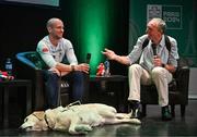 28 February 2024; Irish para-triathlete Donnacha McCarthy, left, with his former coach Dave Tilley speaking at The Helix in DCU, Dublin, for Paralympics Ireland's '6 Months to Go' event ahead of the Paralympic Games 2024 in Paris, France. Photo by Seb Daly/Sportsfile