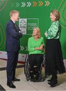 28 February 2024; In attendance, from left, is French Ambassador to Ireland HE Vincent Guérend, Paralympics Ireland president Eimear Breathnach, and Paralympics Ireland vice president Lisa Clancy at The Helix in DCU, Dublin, for Paralympics Ireland's '6 Months to Go' event ahead of the Paralympic Games 2024 in Paris, France. Photo by Seb Daly/Sportsfile