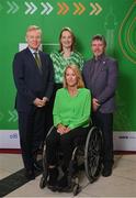 28 February 2024; In attendance, from left, is French Ambassador to Ireland HE Vincent Guérend, Paralympics Ireland vice president Lisa Clancy, behind, Paralympics Ireland president Eimear Breathnach, front, and Paralympics Ireland vice president Denis Toomey at The Helix in DCU, Dublin, for Paralympics Ireland's '6 Months to Go' event ahead of the Paralympic Games 2024 in Paris, France. Photo by Seb Daly/Sportsfile
