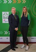 28 February 2024; French Ambassador to Ireland HE Vincent Guérend with Irish para-dressage athlete Sarah Slattery at The Helix in DCU, Dublin, for Paralympics Ireland's '6 Months to Go' event ahead of the Paralympic Games 2024 in Paris, France. Photo by Seb Daly/Sportsfile