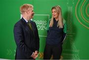 28 February 2024; French Ambassador to Ireland HE Vincent Guérend with Irish para-dressage athlete Sarah Slattery at The Helix in DCU, Dublin, for Paralympics Ireland's '6 Months to Go' event ahead of the Paralympic Games 2024 in Paris, France. Photo by Seb Daly/Sportsfile