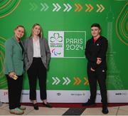 28 February 2024; Alex Burgess, left, Laura Greene, centre, and Zach Foley of Teneo at The Helix in DCU, Dublin, for Paralympics Ireland's '6 Months to Go' event ahead of the Paralympic Games 2024 in Paris, France. Photo by Seb Daly/Sportsfile