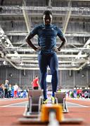 29 February 2024; Israel Olatunde of Ireland during the official team training session ahead of the World Indoor Athletics Championships 2024 at Emirates Arena in Glasgow, Scotland. Photo by Sam Barnes/Sportsfile