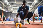 29 February 2024; Israel Olatunde of Ireland during the official team training session ahead of the World Indoor Athletics Championships 2024 at Emirates Arena in Glasgow, Scotland. Photo by Sam Barnes/Sportsfile