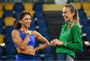 29 February 2024; Sharlene Mawdsley of Ireland, right, shares a joke with Laviai Nielsen of Great Britain during the official team training session ahead of the World Indoor Athletics Championships 2024 at Emirates Arena in Glasgow, Scotland. Photo by Sam Barnes/Sportsfile