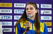 29 February 2024; Yaroslava Mahuchikh of Ukraine speaking during the official press conference ahead of the World Indoor Athletics Championships 2024 at Emirates Arena in Glasgow, Scotland. Photo by Sam Barnes/Sportsfile