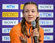 29 February 2024; Femke Bol of Netherlands speaking during the official press conference ahead of the World Indoor Athletics Championships 2024 at Emirates Arena in Glasgow, Scotland. Photo by Sam Barnes/Sportsfile