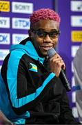 29 February 2024; Devynne Charlton of Barbados speaking during the official press conference ahead of the World Indoor Athletics Championships 2024 at Emirates Arena in Glasgow, Scotland. Photo by Sam Barnes/Sportsfile