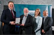 29 February 2024; Eoin Kelly of Beech Hill Table Tennis Club, Cork, second left, receives his award from Minister of State for Sport and Physical Education Thomas Byrne TD, left, Federation of Irish Sport chair Clare McGrath, and Louth Sports Partnership and Louth County Council head of sport, Federation of Irish Sport board member and member of the Awards Judging Panel Graham Russell, right, during the Federation of Irish Sport Volunteers in Sport Awards at The Crowne Plaza Hotel in Blanchardstown, Dublin. Photo by Seb Daly/Sportsfile