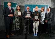 29 February 2024; Recipients, from second left, Fidelma Sheridan of Cumman Na mBunscol County Cavan, Eoin Kelly of Beech Hill Table Tennis Club, Cork, and Claire Cuddihy of Clare Comets and Ennis Raptors Basketball Clubs, Clare, receive their awards from Minister of State for Sport and Physical Education Thomas Byrne TD, left, Federation of Irish Sport chair Clare McGrath, second right, and Louth Sports Partnership and Louth County Council head of sport, Federation of Irish Sport board member and member of the Awards Judging Panel Graham Russell, right, during the Federation of Irish Sport Volunteers in Sport Awards at The Crowne Plaza Hotel in Blanchardstown, Dublin. Photo by Seb Daly/Sportsfile