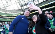 29 February 2024; Ireland captain Peter O’Mahony has a selfie taken with with Rebecca Cunningham, from Cavan, after an Ireland rugby training session at the Aviva Stadium in Dublin. Photo by Matt Browne/Sportsfile