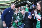 29 February 2024; Peter O’Mahony with supporters after an Ireland rugby training session at the Aviva Stadium in Dublin. Photo by Matt Browne/Sportsfile