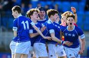 29 February 2024; Donal Manzor of St Mary’s College celebrates with team-mates after scoring his side's first try during the Bank of Ireland Leinster Schools Junior Cup quarter-final match between St Mary's College and CBC Monkstown at Energia Park in Dublin. Photo by Daire Brennan/Sportsfile