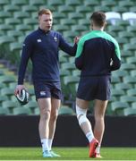 29 February 2024; Ciaran Frawley, left, and Hugo Keenan during an Ireland rugby training session at the Aviva Stadium in Dublin. Photo by Matt Browne/Sportsfile