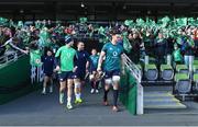 29 February 2024; Ireland players, from left, Conor Murray, James Lowe and James Ryan make their way out for the start of an Ireland rugby training session at the Aviva Stadium in Dublin. Photo by Matt Browne/Sportsfile