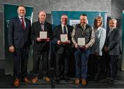29 February 2024; Recipients, from second left, Arnold Morgan of Banbridge Table Tennis Club, Down, Micky Duddy of Ring Boxing Club, Derry, and Damien Devine of Deele Community Anglers, Donegal, receive their award from Minister of State for Sport and Physical Education Thomas Byrne TD, left, Federation of Irish Sport chair Clare McGrath, second right, and Louth Sports Partnership and Louth County Council head of sport, Federation of Irish Sport board member and member of the Awards Judging Panel Graham Russell, during the Federation of Irish Sport Volunteers in Sport Awards at The Crowne Plaza Hotel in Blanchardstown, Dublin. Photo by Seb Daly/Sportsfile