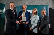 29 February 2024; Lorcan Murphy of Iveragh AC, Kerry, second from left, receives his award from Minister of State for Sport and Physical Education Thomas Byrne TD, left, Federation of Irish Sport chair Clare McGrath, second from right, and Louth Sports Partnership and Louth County Council head of sport, Federation of Irish Sport board member and member of the Awards Judging Panel Graham Russell, during the Federation of Irish Sport Volunteers in Sport Awards at The Crowne Plaza Hotel in Blanchardstown, Dublin. Photo by Seb Daly/Sportsfile