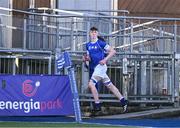 29 February 2024; St Mary's College captain Eoin Farrell leads his side out ahead of the Bank of Ireland Leinster Schools Junior Cup quarter-final match between St Mary's College and CBC Monkstown at Energia Park in Dublin. Photo by Daire Brennan/Sportsfile