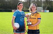 29 February 2024; Emma Duggan of DCU, right, and Rachel Brennan of TUD with the O'Connor Cup during the LGFA Higher Education Football Championships Captains Day at MTU Cork. Photo by Brendan Moran/Sportsfile
