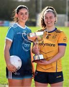 29 February 2024; Emma Duggan of DCU, right, and Rachel Brennan of TUD and the O'Connor Cup during the LGFA Higher Education Football Championships Captains Day at MTU Cork. Photo by Brendan Moran/Sportsfile
