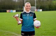 29 February 2024; Elaine Keogh of Maynooth University with the Giles Cup during the LGFA Higher Education Football Championships Captains Day at MTU Cork. Photo by Brendan Moran/Sportsfile