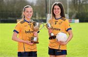 29 February 2024; DCU players Hannah McHugh of DCU, left, with the Lagan Cup and Louise Pearl of DCU with the HEC Cup during the LGFA Higher Education Football Championships Captains Day at MTU Cork. Photo by Brendan Moran/Sportsfile