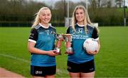 29 February 2024; Maynooth University players, from left, Elaine Keogh with the Giles Cup and Becky Doran of with the Donaghy Cup during the LGFA Higher Education Football Championships Captains Day at MTU Cork. Photo by Brendan Moran/Sportsfile
