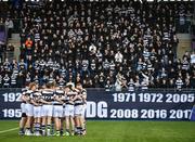 29 February 2024; The Belvedere College huddle ahead of the Bank of Ireland Leinster Schools Junior Cup quarter-final match between St Michael's College and Belvedere College at Energia Park in Dublin. Photo by Daire Brennan/Sportsfile