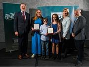 29 February 2024; Recipients Chiara and Stephen Moylan, receiving the award on behalf of their father, Martin Moylan of Dunbrody Archers, Wexford, and Ruth McDonagh of Bray Hockey Club, Wicklow, receive their awards from Minister of State for Sport and Physical Education Thomas Byrne TD, left, Federation of Irish Sport chair Clare McGrath, second from right, and Louth Sports Partnership and Louth County Council head of sport, Federation of Irish Sport board member and member of the Awards Judging Panel Graham Russell, during the Federation of Irish Sport Volunteers in Sport Awards at The Crowne Plaza Hotel in Blanchardstown, Dublin. Photo by Seb Daly/Sportsfile