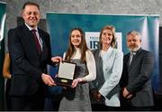 29 February 2024; Rachel McBride of Riding For Disabled Omagh, Tyrone, second from left, receives her award from Minister of State for Sport and Physical Education Thomas Byrne TD, left, Federation of Irish Sport chair Clare McGrath, second from right, and Louth Sports Partnership and Louth County Council head of sport, Federation of Irish Sport board member and member of the Awards Judging Panel Graham Russell, during the Federation of Irish Sport Volunteers in Sport Awards at The Crowne Plaza Hotel in Blanchardstown, Dublin Photo by Seb Daly/Sportsfile