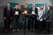 29 February 2024; Recipients, from second left, Simon Cavanagh of GAA Handball, Sligo, Philip Gordan of Lough Ree Angling Hub, Roscommon, and Paddy Doyle of Moyne Athletic Club, Tipperary, receive their awards from Minister of State for Sport and Physical Education Thomas Byrne TD, left, Federation of Irish Sport chair Clare McGrath, second from right, and Louth Sports Partnership and Louth County Council head of sport, Federation of Irish Sport board member and member of the Awards Judging Panel Graham Russell, during the Federation of Irish Sport Volunteers in Sport Awards at The Crowne Plaza Hotel in Blanchardstown, Dublin. Photo by Seb Daly/Sportsfile