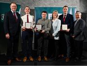 29 February 2024; Recipients, from second left, Ben McCormack of Ballymahon Vocational School, Longford, Fintan Cooper of Glen Magic Soccer, Louth, and Phelim Halligan of Claremorris Ultimate Kickboxing Club, Mayo, second from left, receive their awards from Minister of State for Sport and Physical Education Thomas Byrne TD, left, Federation of Irish Sport chair Clare McGrath, second from right, and Louth Sports Partnership and Louth County Council head of sport, Federation of Irish Sport board member and member of the Awards Judging Panel Graham Russell, during the Federation of Irish Sport Volunteers in Sport Awards at The Crowne Plaza Hotel in Blanchardstown, Dublin. Photo by Seb Daly/Sportsfile