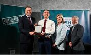 29 February 2024; Ben McCormack of Ballymahon Vocational School, Longford, second from left, receives his award from Minister of State for Sport and Physical Education Thomas Byrne TD, left, Federation of Irish Sport chair Clare McGrath, second from right, and Louth Sports Partnership and Louth County Council head of sport, Federation of Irish Sport board member and member of the Awards Judging Panel Graham Russell, during the Federation of Irish Sport Volunteers in Sport Awards at The Crowne Plaza Hotel in Blanchardstown, Dublin. Photo by Seb Daly/Sportsfile