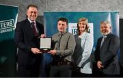 29 February 2024; Fintan Cooper of Glen Magic Soccer, Louth, second from left, receives his award from Minister of State for Sport and Physical Education Thomas Byrne TD, left, Federation of Irish Sport chair Clare McGrath, second from right, and Louth Sports Partnership and Louth County Council head of sport, Federation of Irish Sport board member and member of the Awards Judging Panel Graham Russell, during the Federation of Irish Sport Volunteers in Sport Awards at The Crowne Plaza Hotel in Blanchardstown, Dublin. Photo by Seb Daly/Sportsfile