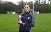 29 February 2024; Ellen Neylon of University of Limerick with the Donaghy Cup during the LGFA Higher Education Football Championships Captains Day at MTU Cork. Photo by Brendan Moran/Sportsfile
