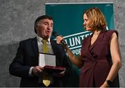 29 February 2024; Tony Stephens of Claregalway GAA Club, Galway, is interviewed by MC Gráinne McElwain during the Federation of Irish Sport Volunteers in Sport Awards at The Crowne Plaza Hotel in Blanchardstown, Dublin. Photo by Seb Daly/Sportsfile