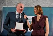 29 February 2024; Paddy Doyle of Moyne Athletic Club, Tipperary, is interviewed by MC Gráinne McElwain during the Federation of Irish Sport Volunteers in Sport Awards at The Crowne Plaza Hotel in Blanchardstown, Dublin. Photo by Seb Daly/Sportsfile