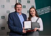29 February 2024; Award winner Rachel McBride of Riding For Disabled Omagh, Tyrone, with her father Shaun during the Federation of Irish Sport Volunteers in Sport Awards at The Crowne Plaza Hotel in Blanchardstown, Dublin. Photo by Seb Daly/Sportsfile