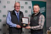 29 February 2024; Award winner Damien Devine of Deele Community Anglers, Donegal, right, with David Scott, chairman of Deele Community Anglers, during the Federation of Irish Sport Volunteers in Sport Awards at The Crowne Plaza Hotel in Blanchardstown, Dublin. Photo by Seb Daly/Sportsfile