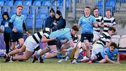 29 February 2024; Oscar Ó Braonáin of St Michael’s College is tackled by Evan Ryan of Belvedere College during the Bank of Ireland Leinster Schools Junior Cup quarter-final match between St Michael's College and Belvedere College at Energia Park in Dublin. Photo by Daire Brennan/Sportsfile