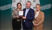 29 February 2024; Award winner Ciarán Maguire of O'Hanlon's LGFA, Armagh, with his wife Edel, left, and nominator Barbara Convery, during the Federation of Irish Sport Volunteers in Sport Awards at The Crowne Plaza Hotel in Blanchardstown, Dublin. Photo by Seb Daly/Sportsfile
