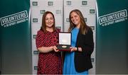 29 February 2024; Award winner Ruth McDonagh of Bray Hockey Club, Wicklow, right, with Aisling Hubbard of Wicklow Sports Partnership during the Federation of Irish Sport Volunteers in Sport Awards at The Crowne Plaza Hotel in Blanchardstown, Dublin. Photo by Seb Daly/Sportsfile