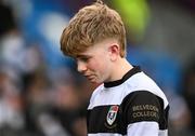 29 February 2024; A dejected Liam Canny of Belvedere College after the Bank of Ireland Leinster Schools Junior Cup quarter-final match between St Michael's College and Belvedere College at Energia Park in Dublin. Photo by Daire Brennan/Sportsfile