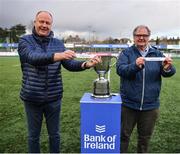 29 February 2024; Leinster rugby Head of Rugby Development Philip Lawlor, left, draws St Mary's College, and Brendan Cryan, of the Leinster Schools Committee, draws St Michael's College during the Bank of Ireland Leinster Schools Junior Cup semi-final draw at Energia Park in Dublin. Photo by Daire Brennan/Sportsfile