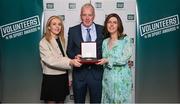 29 February 2024; Award winner Paddy Doyle of Moyne Athletic Club, Tipperary, with his wife Leona, right, and nominator Sharon Cantwell, during the Federation of Irish Sport Volunteers in Sport Awards at The Crowne Plaza Hotel in Blanchardstown, Dublin. Photo by Seb Daly/Sportsfile