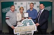 29 February 2024; Award winner Mary McMorrow of Manorhamilton Community Tennis Club, Leitrim, with her nominator John Fallon, left, Declan Boyle, Leitrim Sports Partnership co-ordinator, second from right, and Mick O'Rourke chairperson of Leitrim Sports Partnership, during the Federation of Irish Sport Volunteers in Sport Awards at The Crowne Plaza Hotel in Blanchardstown, Dublin. Photo by Seb Daly/Sportsfile
