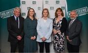 29 February 2024; In attendance are, from left, Former chair of the Federation of Irish Sport, and current chair of Wilson Hartnell PR and VISAs Judging Panel 2023 Roddy Guiney, Federation of Irish Sport chief executive officer Mary O'Connor, Federation of Irish Sport chair Clare McGrath, Sport Ireland chief executive Dr Una May, and Louth Sports Partnership and Louth County Council head of sport, Federation of Irish Sport board member and member of the Awards Judging Panel Graham Russell, during the Federation of Irish Sport Volunteers in Sport Awards at The Crowne Plaza Hotel in Blanchardstown, Dublin.  Photo by Seb Daly/Sportsfile