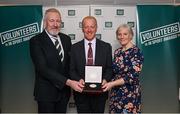 29 February 2024; Award winner Ian Ross of Enniskillen Rugby Club Fermanagh, centre, with Gerry Casey and Anne Marie Hughes of IRFU during the Federation of Irish Sport Volunteers in Sport Awards at The Crowne Plaza Hotel in Blanchardstown, Dublin. Photo by Seb Daly/Sportsfile